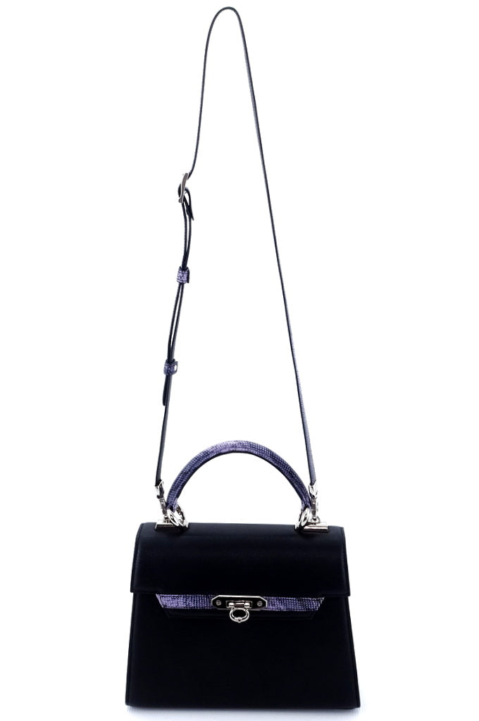 Handbag -traditional - (Beverly) - Black with lilac print contrast leather showing front view with shoulder straps extended