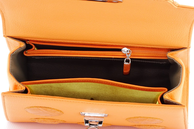 Handbag -traditional - (Beverly) Orange leather - orange crocodile showing inside pockets