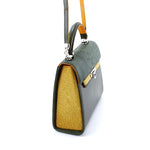 Handbag - traditional -(Beverly) Green, yellow, mango & olive leather showing shoulder strap attachments