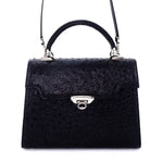 Handbag -traditional - (Joan)  Black ostrich skin leather showing front view of shoulder strap attachments