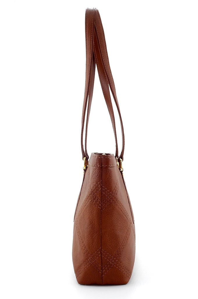 Tote bag - medium- (Emily) Designer bag in brown with feature stitching showing end view with shoulder straps fully extended