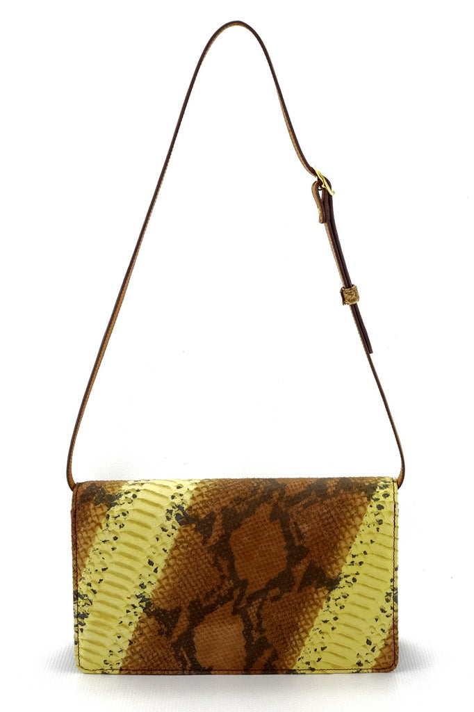 Handbag - cross body - (Tanya)  Leather print in yellow & brown. This is the back view with the shoulder straps fully extended