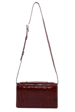 Handbag - cross body - (Tanya) Havana tan matt crocodile with Handle. The back view with shoulder straps fully extended and lid handle sitting flat.