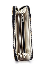 Purse - zip around - (Michaela) Hessian fabric - black & straw colours showing internal pockets