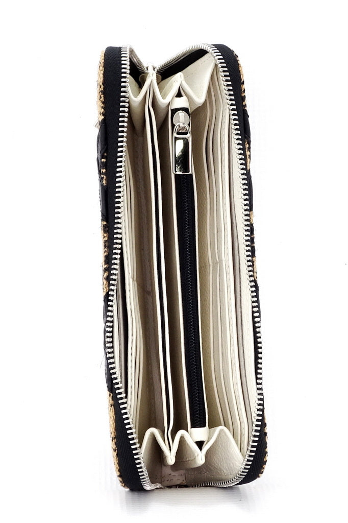 Purse - zip around - (Michaela) Hessian fabric - black & straw colours showing internal pockets