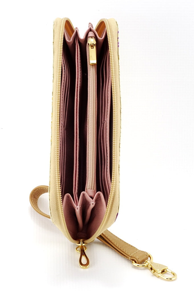 Purse - zip around - (Michaela) - Gold metallic flower fabric showing intgernal pockets