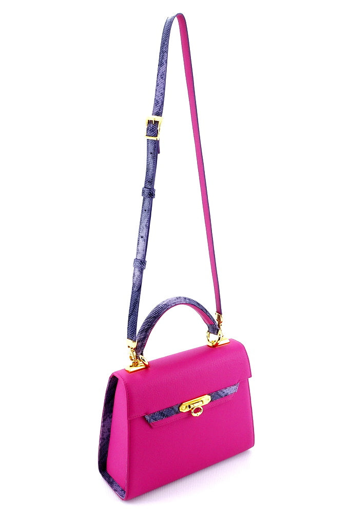 Handbag -traditional - (Beverly) - Fuchsia with lilac contrast leather full view