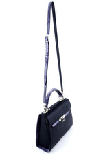 Handbag -traditional - (Beverly) - Black with lilac print contrast leather showing snake print details on the bag