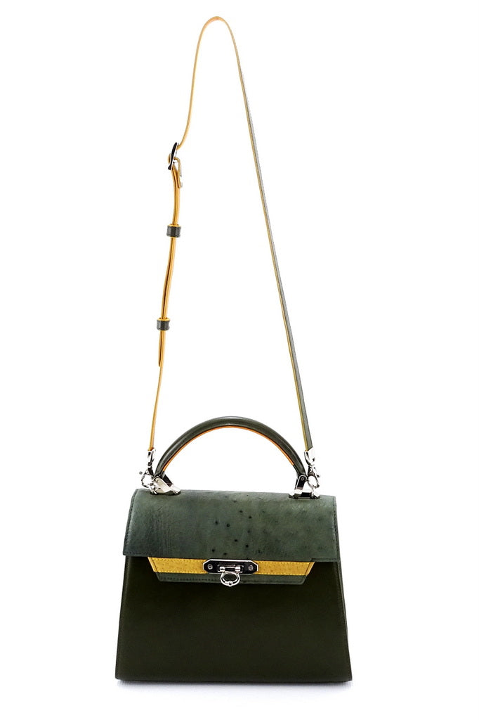 Handbag - traditional -(Beverly) Green, yellow, mango & olive leather showing front view with shoulder straps at full extension