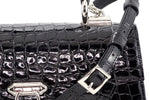 Handbag -traditional - (Joan) - Black glaze crocodile with nickel fittings. This is a view of the sholder strap attachment.
