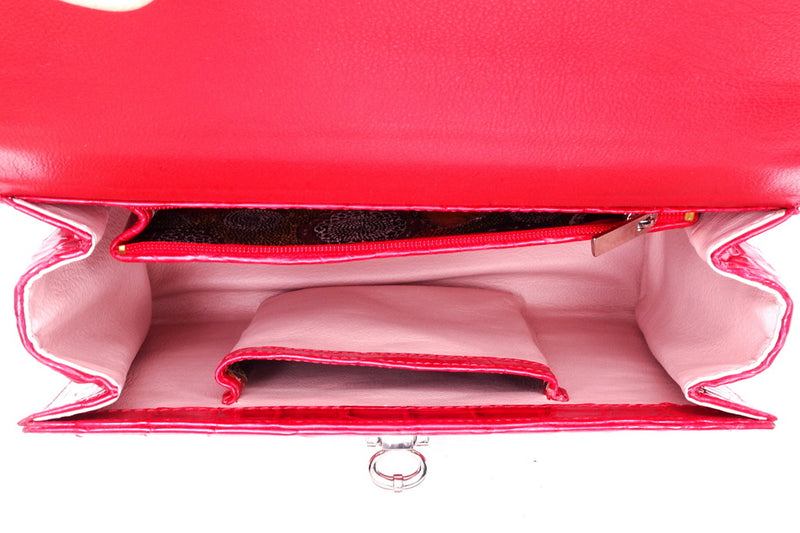 Handbag -traditional - (Beverly) Red matt crocodile. This photo showing the internal pockets open looking down from the top into the bag.