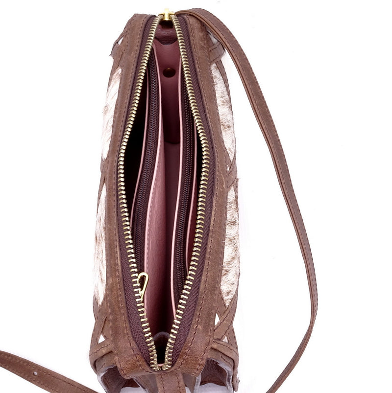 Handbag (Riley) Cross body bag - Brown patchwork Hair on cow hide, showing internal pocket layout from the top
