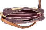 Handbag (Riley) Cross body bag - Patchwork leather in browns & tans, showing internals with closed zips