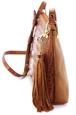 Tote Bag - small - (Rosie) Tan crocodile skin with leather back showing end view with tassel