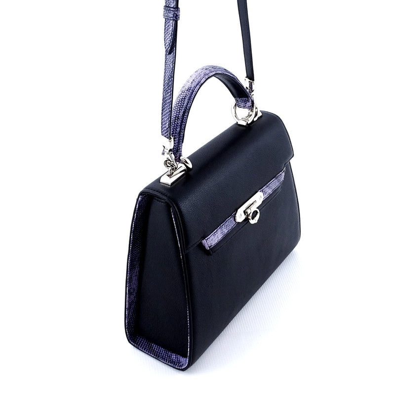 Handbag -traditional - (Beverly) - Black with lilac print contrast leather showing shoulder strap attachment