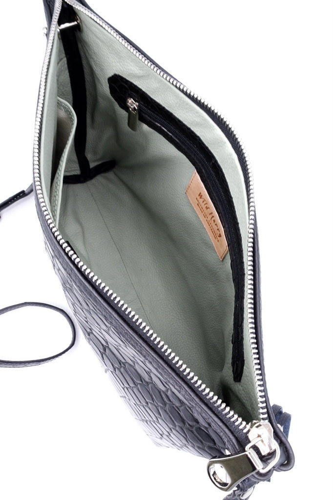Tote Bag - small - (Rosie) Black Matt crocodile skin top view into the bag showing internal pockets