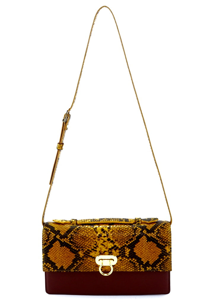 Handbag - cross body - (Tanya) Yellow print leather with handle. A long view with shoulder straps fully extended, handle sitting flat.