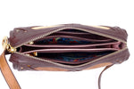 Handbag (Riley) Cross body bag - Patchwork leather in browns & tans, showing fabric linings of the internal pockets
