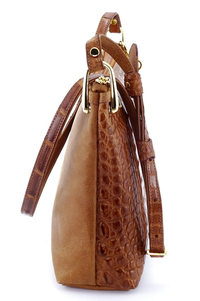 Tote Bag - small - (Rosie) Tan crocodile skin with leather back showing end view without tassel