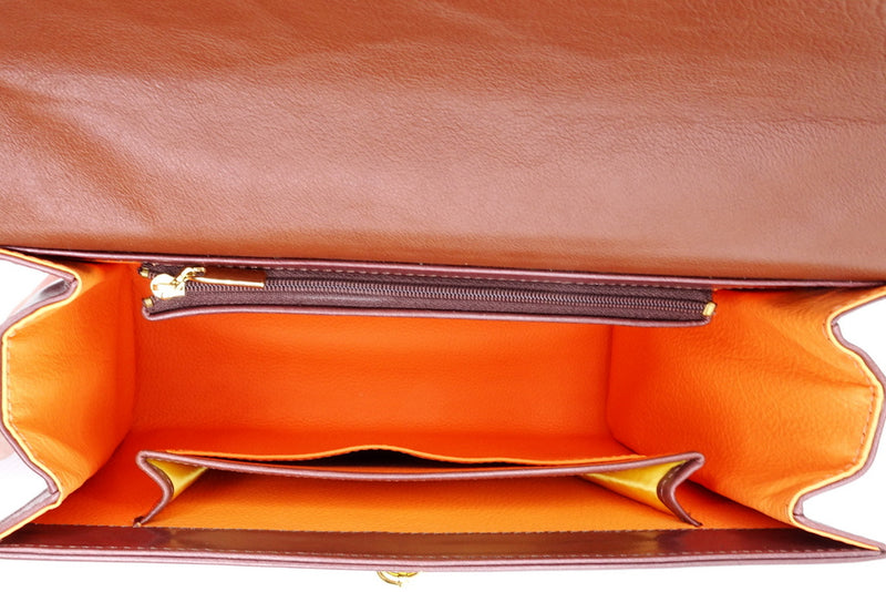 Handbag -traditional - (Joan) Brown gloss leather with gold fittings showing inside pocket layout