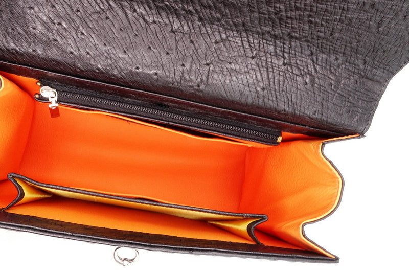 Handbag -traditional - (Joan)  Black ostrich skin leather showing internal pocket layout