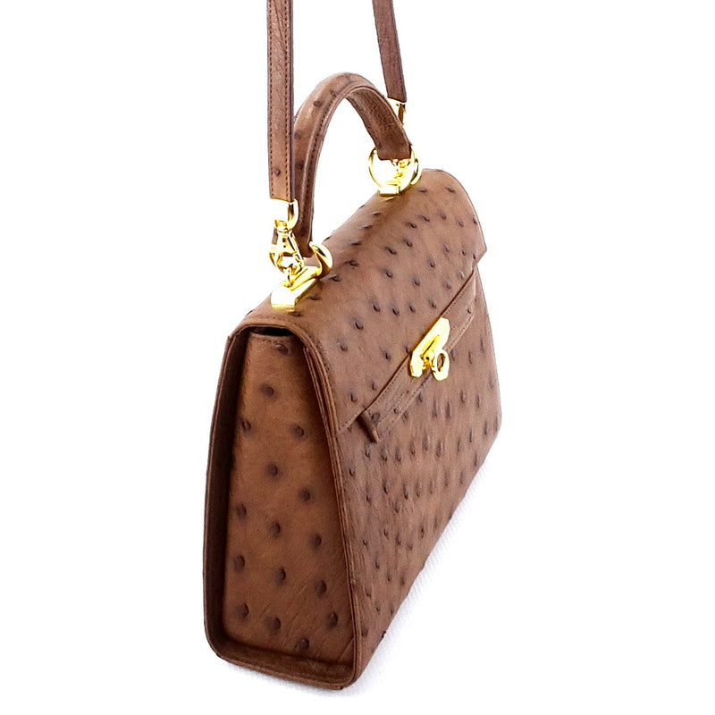Handbag -traditional - (Beverly) - Brown Ostrich skin leather showing shoulder strap attachments