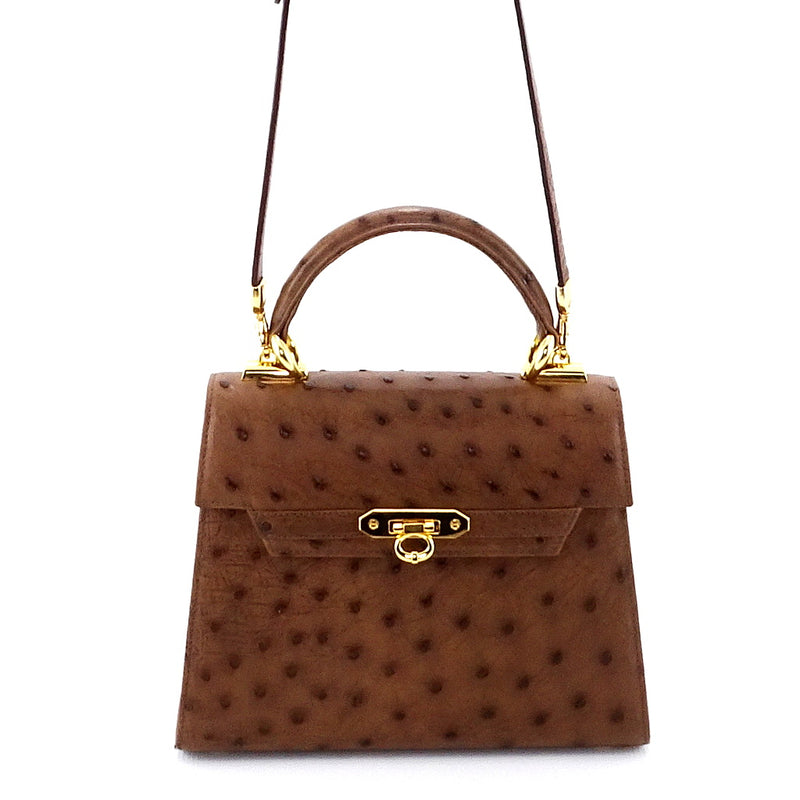 Handbag -traditional - (Beverly) - Brown Ostrich skin leather showing front view of fittings