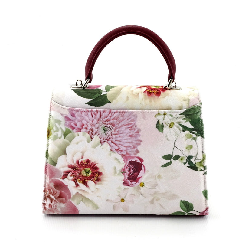 Handbag -traditional - (Beverly) - Fabric suede with floral pattern showing back view with the slip pocket