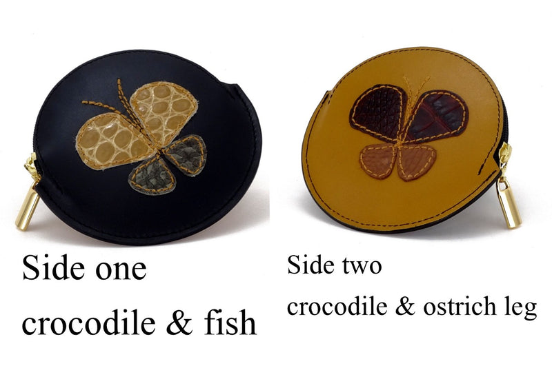 Coin Purse - Round decorated leather with zip showing front and back butterfly