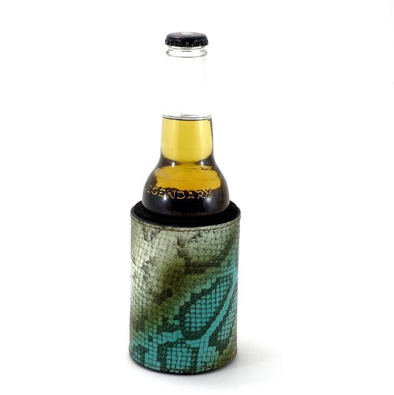 Stubby Coolers leather olive and blue snake print