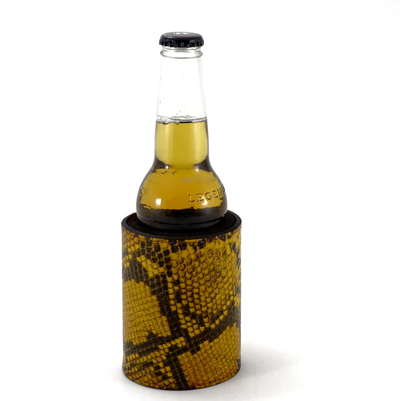 Stubby Coolers leather yellown and black snake print