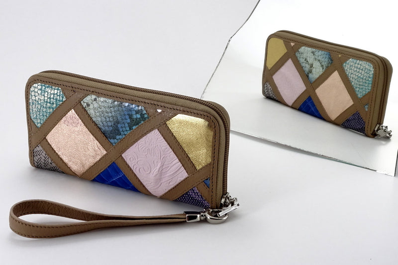Michaela  Blue & pink patchwork leather zip around purse mirror view