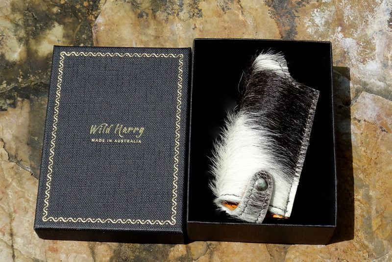 Lighter cover Hair on hide leather shown in gift box