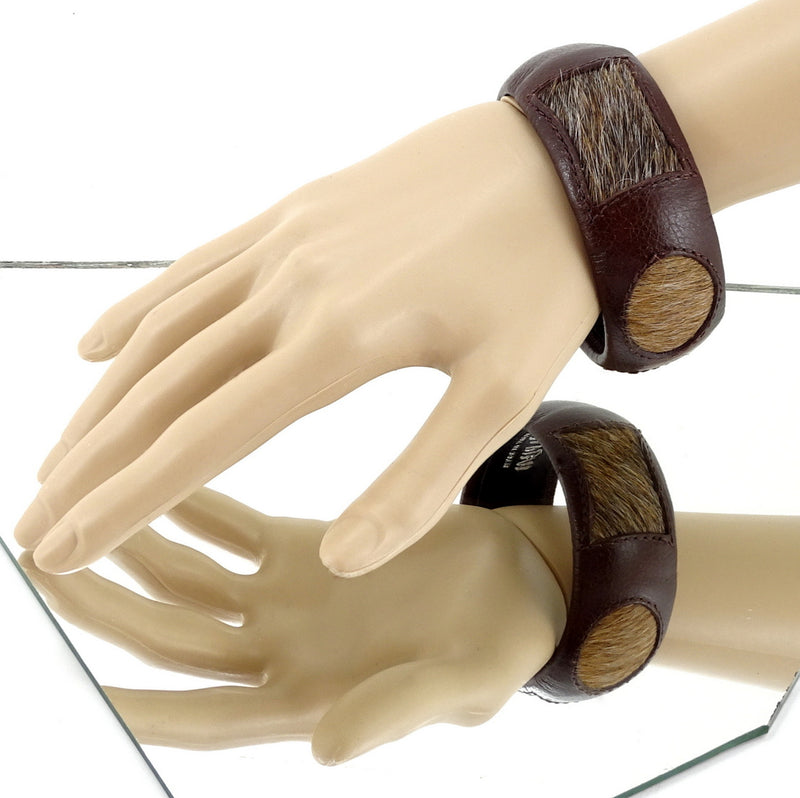 Bangle large (Kim) moulded round decorated leather jewellery - brown leather with hair on cow hide inserts