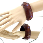 Bangle large (Kim) moulded round decorated leather jewellery - brown leather with crocodile bows & crystal studs