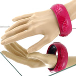 Bangle large (Kim) moulded round decorated leather jewellery - hot pink leather with hot pink crocodile leaf shapes