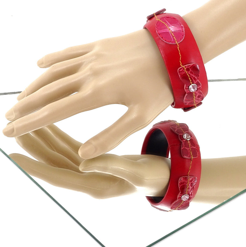 Bangle large (Kim) moulded round decorated leather jewellery - red leather with red & pink crocodile bows & shapes with crystal studs