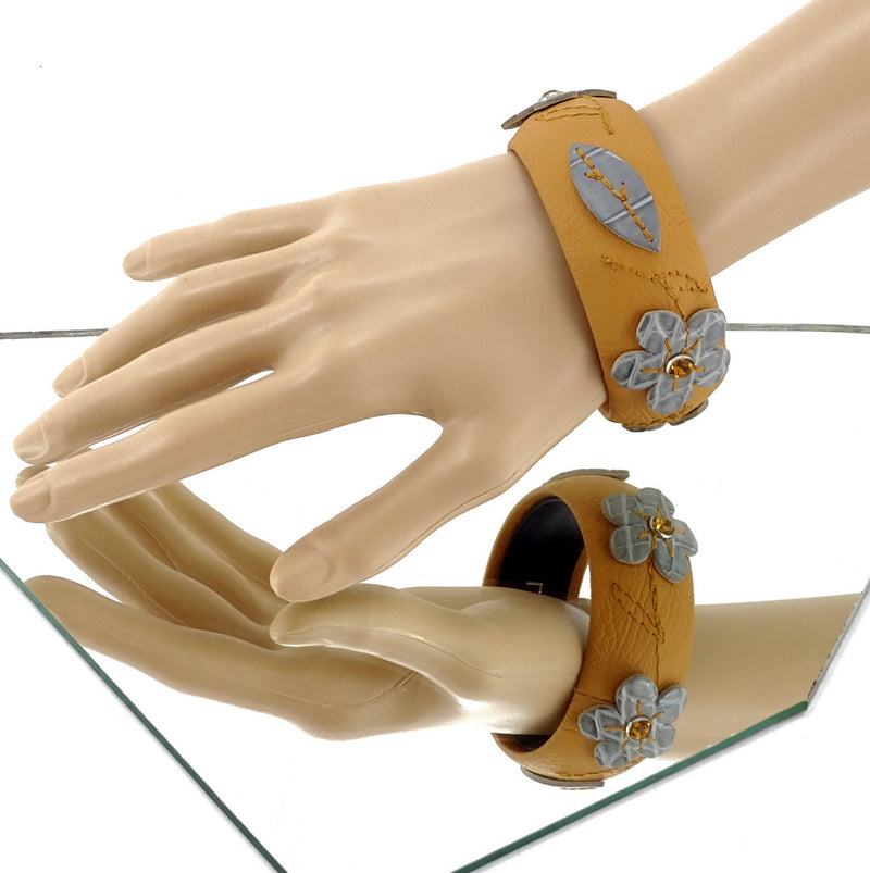 Bangle large (Kim) moulded round decorated leather jewellery - mustard leather with blue crocodile flowers & leaves