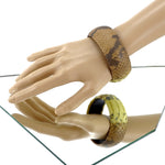 Bangle large (Kim) moulded round decorated leather jewellery - brown & lemon snake print leather