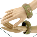 Bangle large (Kim) moulded round decorated leather jewellery - sage green leather with silk crocodile shapes