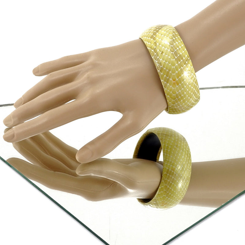 Bangle large (Kim) moulded round decorated leather jewellery - cream snake print leather