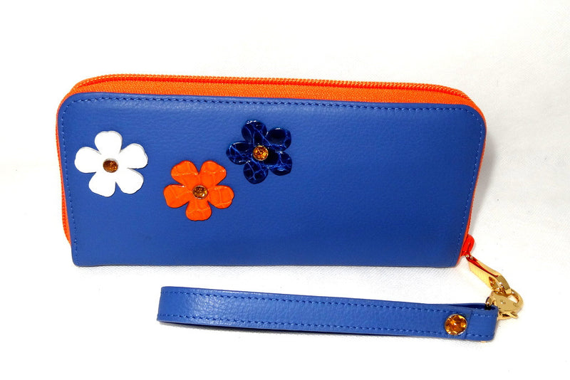 Michaela  Blue leather with flower and crystal detail side 1