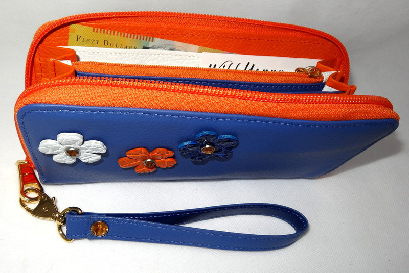 Michaela  Blue leather with flower and crystal detail