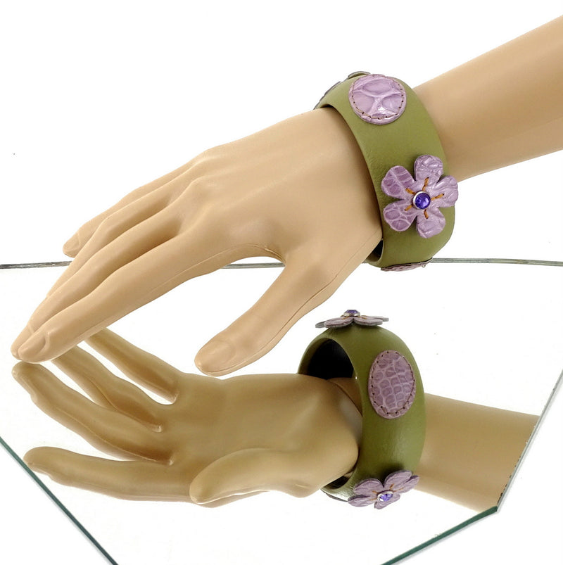 Bangle medium (Kim) moulded round decorated leather jewellery - mint leather with crocodile flowers & shapes with crystal studs