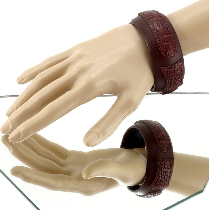 Bangle medium (Kim) moulded round decorated leather jewellery - brown leather with brown crocodile shapes