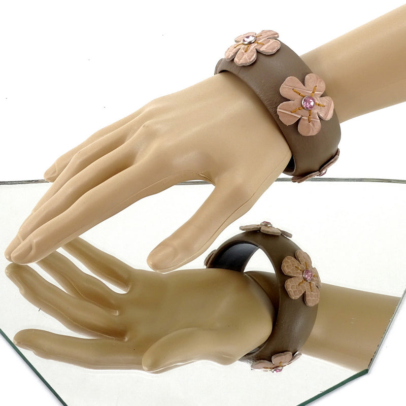 Bangle medium (Kim) moulded round decorated leather jewellery with taupe leather & pink crocodile flowers and crystal studs