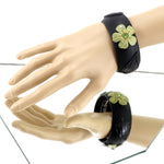 Bangle medium (Kim) moulded round decorated leather jewellery - black leather decorated with mint crocodile flowers & black crocodile leaves with green crystal studs
