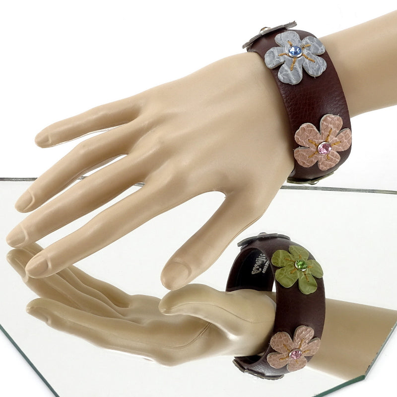Bangle medium (Kim) moulded round decorated leather jewellery - brown leather with blue, mint, pink crocodile flowers with crystal studs