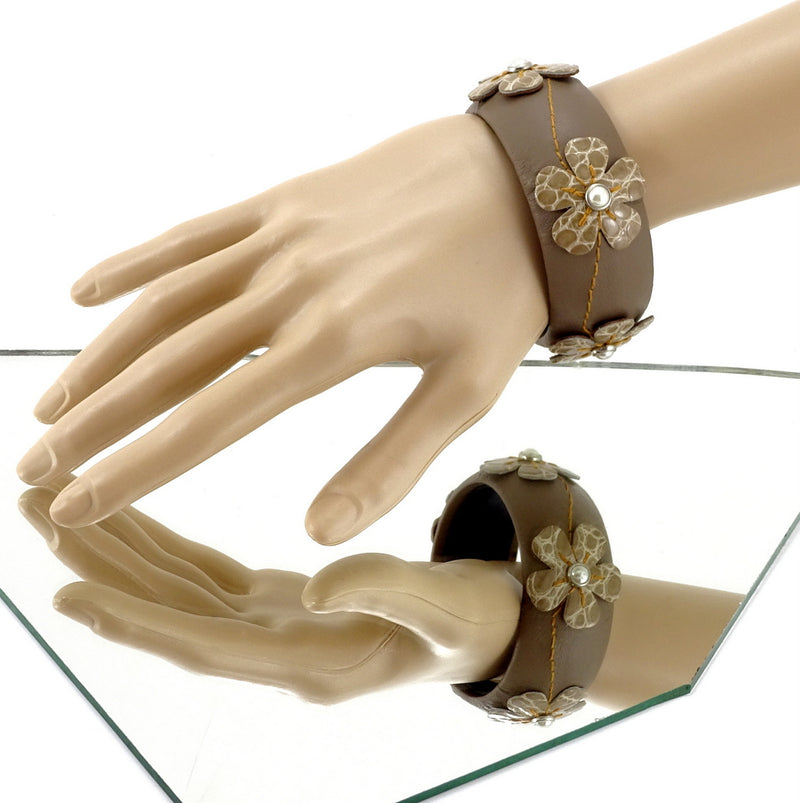 Bangle medium (Kim) moulded round decorated leather jewellery with taupe leather & silk crocodile flowers & crystal studs