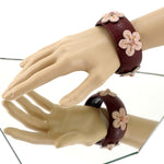 Bangle medium (Kim) moulded round decorated leather jewellery - brown leather with pink crocodile flowers and pink crystal studs